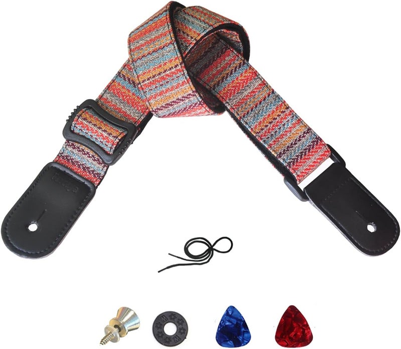 Farcaya Ukulele Strap for Soprano Concert Tenor Baritone Uke Mandolin Banjo Cotton Soft Country Style with Picks Lock Button End Pin Musical Instrument Accerssories (Striped Red) - Image 1